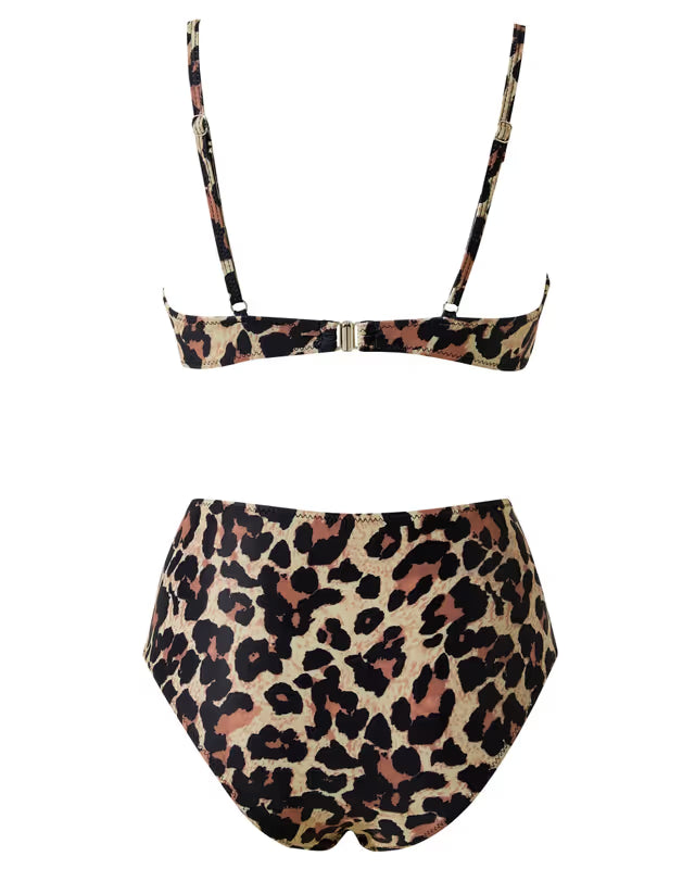 Leopard print bikini set on a white background