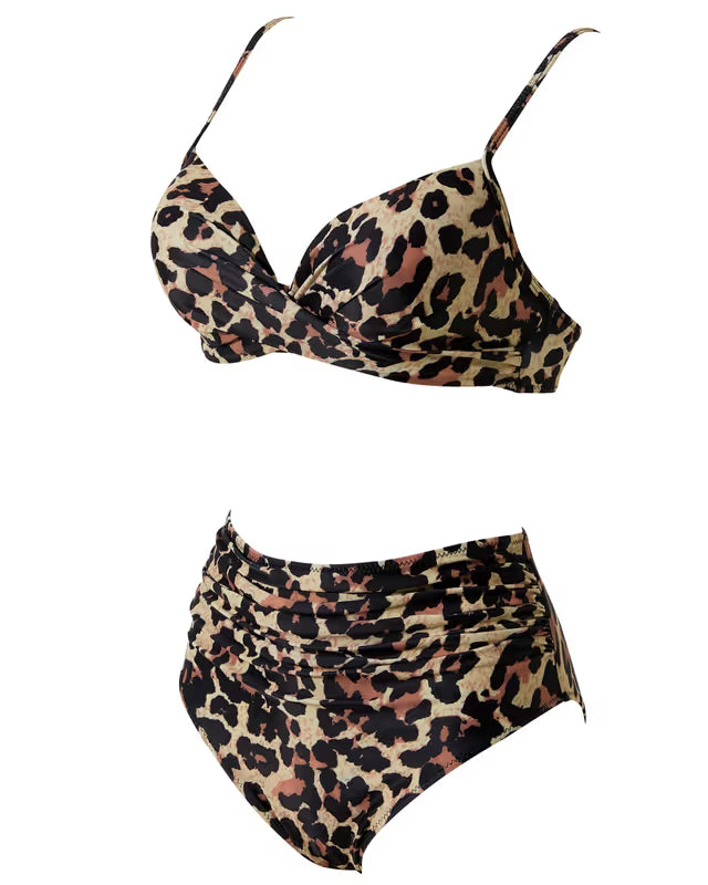 Leopard print bikini set on a white background