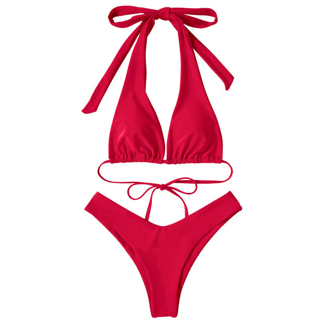 Red bikini set with halter top and tie sides on a white background