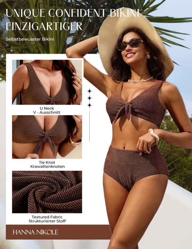 Woman in Hanna Nikole textured brown bikini on with details