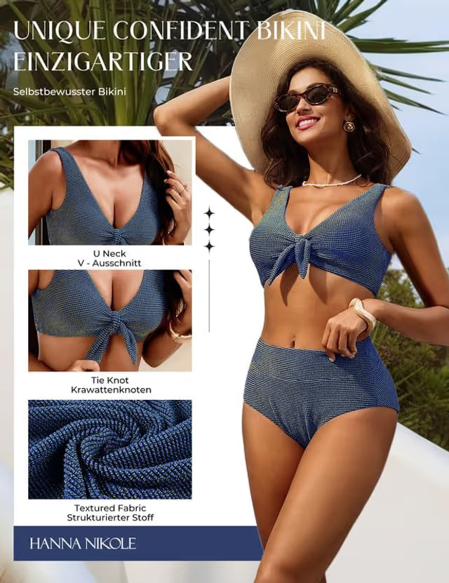 Woman in blue Hanna Nikole textured bikini with detail on tree background