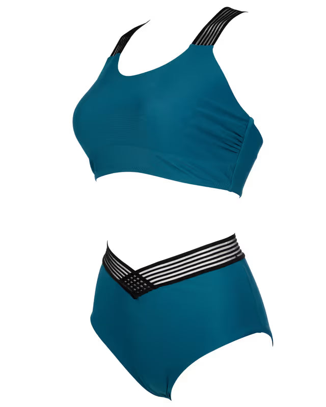 Teal swimsuit with black and white accents on a white background