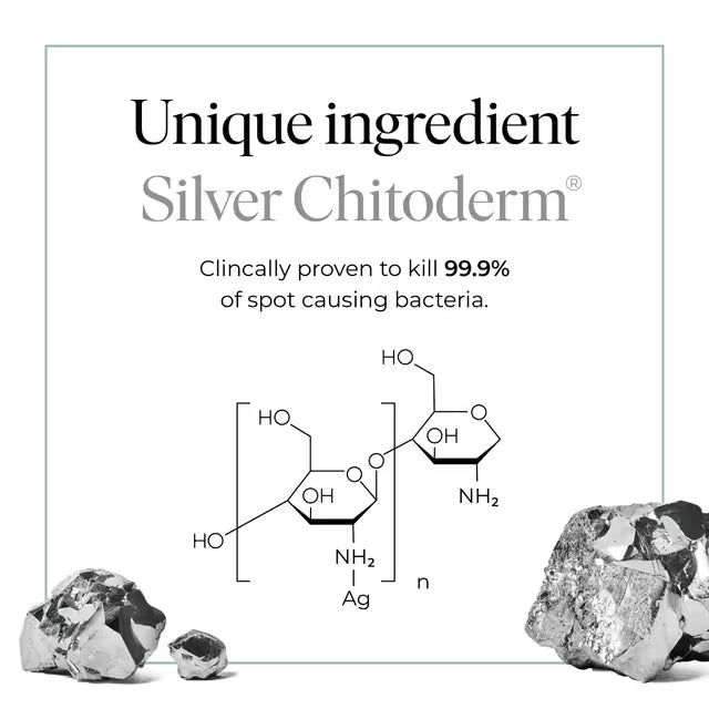 Advertisement for Silver Chitoderm with text and silver crystals on a white background