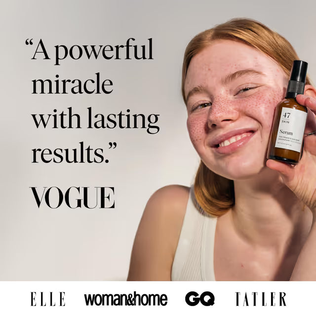 Woman holding a skincare bottle with Vogue endorsement text and logos.