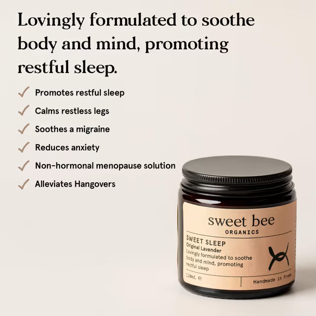 Jar of 'sweet bee' sleep aid with product benefits listed on a beige background