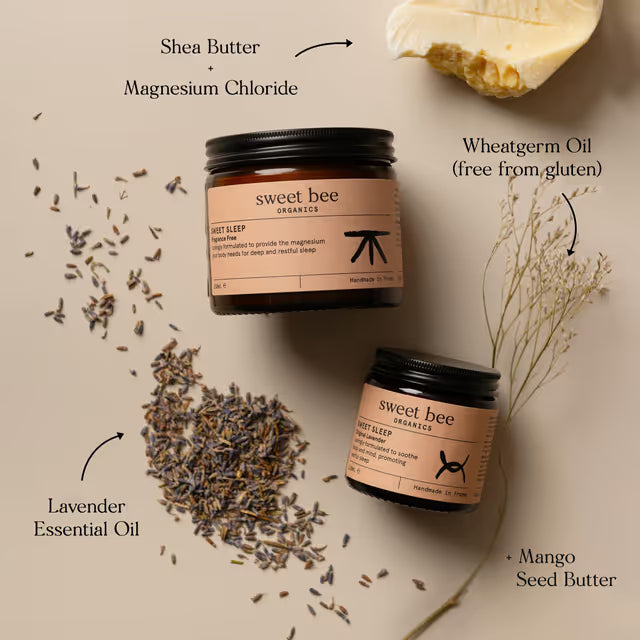 Two jars of 'sweet bee' products with labeled ingredients on a neutral background