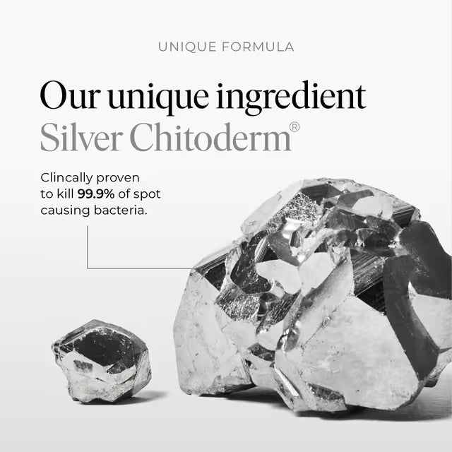 Advertisement for Silver Chitoderm with crystal-like rocks on a white background