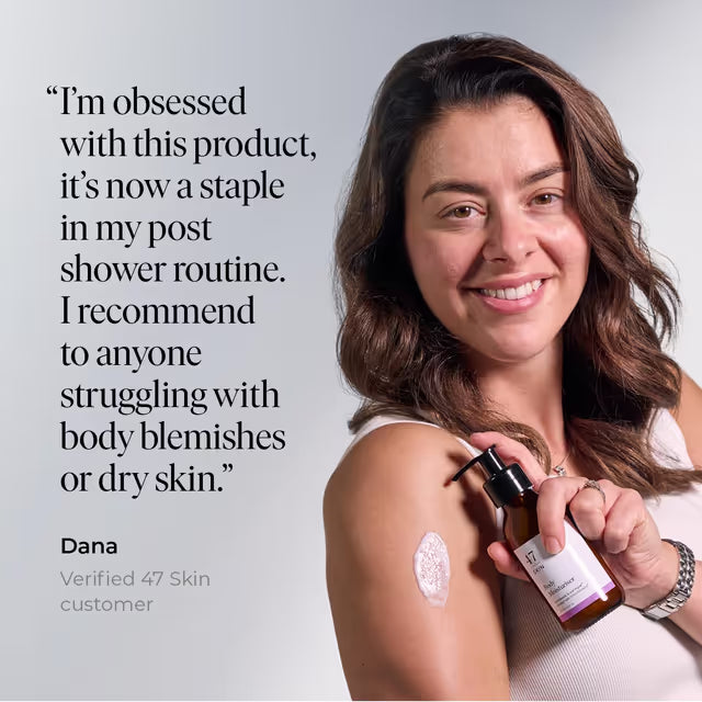 Woman applying a skincare product with a quote from a satisfied customer on a gray background