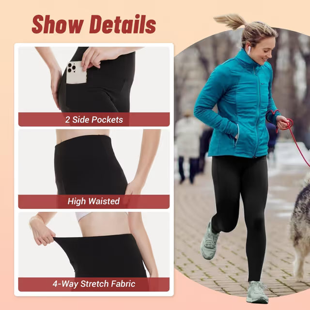 Woman walking a dog with text highlighting leggings features like side pockets, high waist, and 4-way stretch fabric.