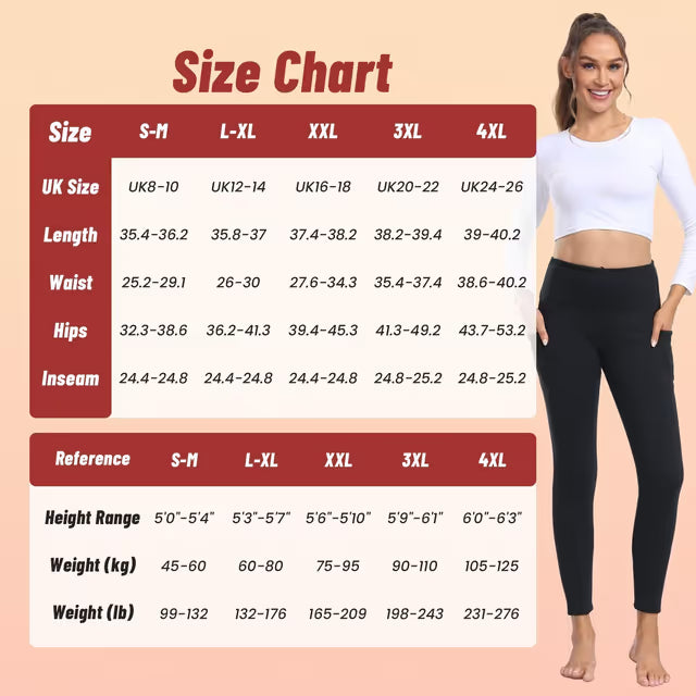 Size chart for clothing with a model wearing black leggings on a beige background