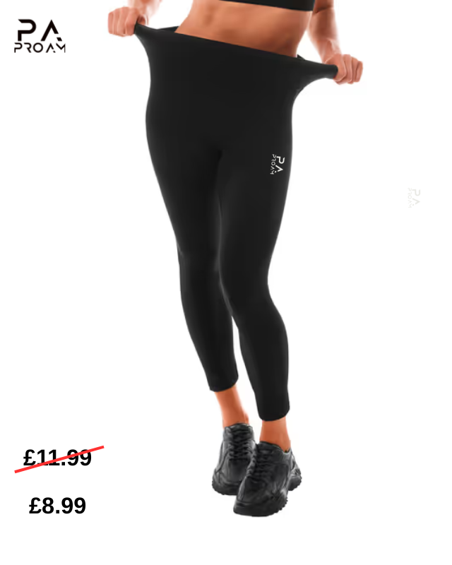 Person wearing black leggings with a visible brand logo, showing a price reduction on a white background.