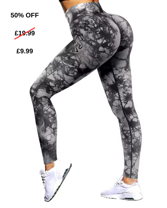 Gray patterned leggings with a price tag and discount information on a white background