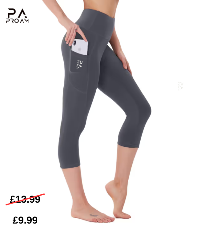 Gray leggings with a pocket on a white background, featuring Proam branding.