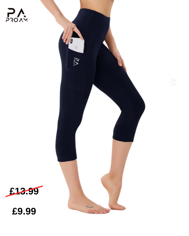 Person wearing navy blue leggings with a promotional price tag on a white background