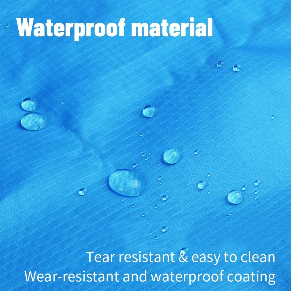 Blue waterproof material with water droplets and text highlighting properties