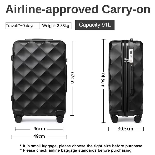 Black diamond-patterned suitcase with dimensions and travel information on a white background