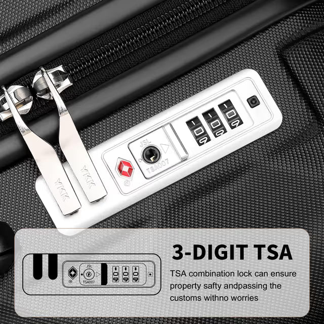 TSA combination lock on a suitcase with text indicating its security features.