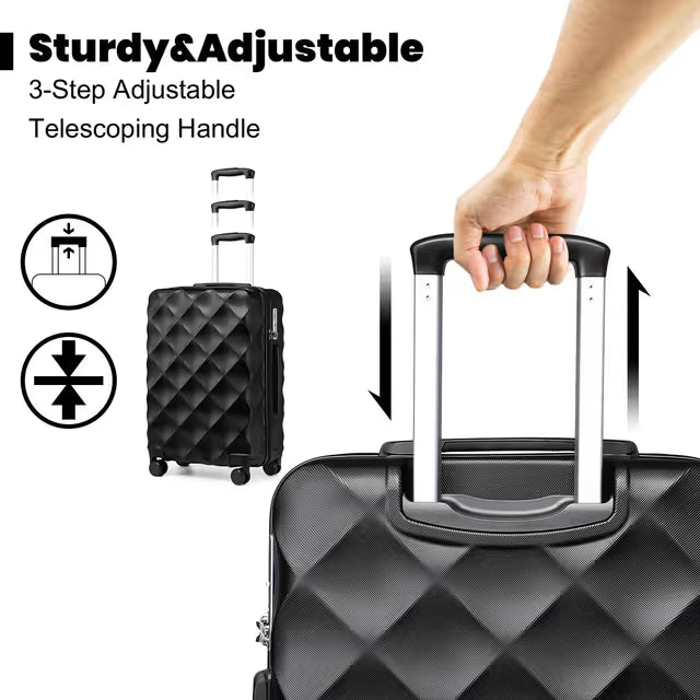 Black suitcase with adjustable handle being held, showing sturdiness and adjustability.