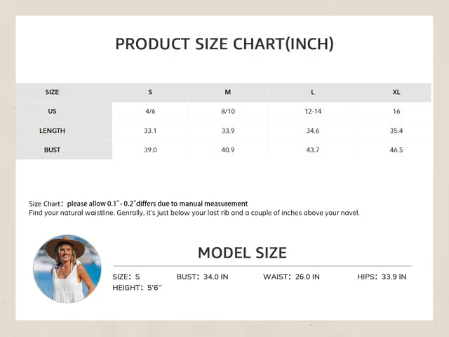 Product size chart showing measurements for different sizes with a model size reference.