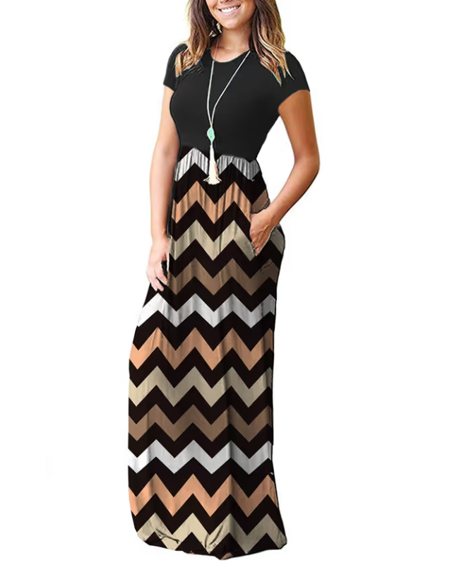 Woman wearing a black dress with a chevron pattern on a white background