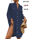 Woman in blue summer cover-up dress on white background