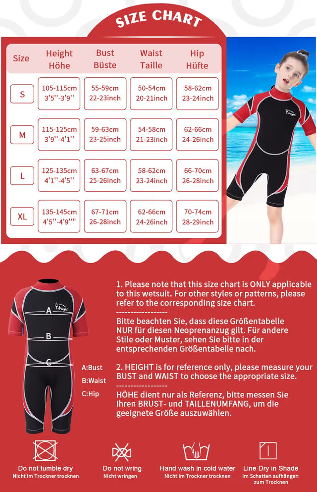 Size chart for a children's wetsuit with a child model and product image.