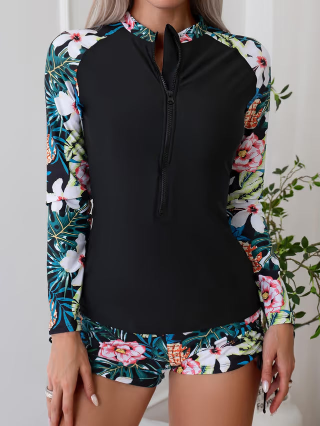 Womens black floral rash-guard suit UV UPF50+ - Medium