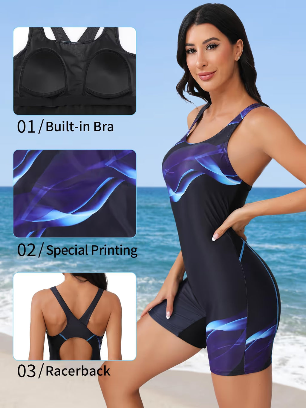 Women wearing blue surf-suit with garment details