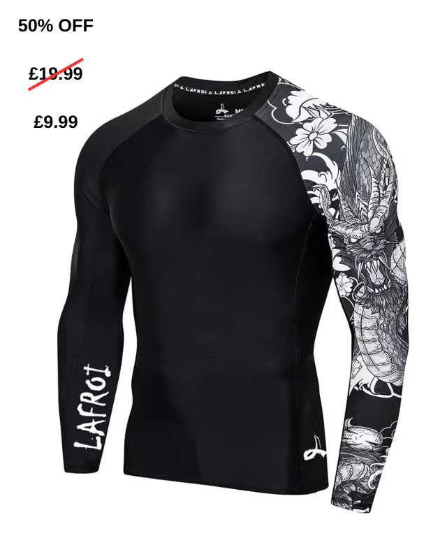 Black long-sleeve shirt with white graphics and 'LAFROT' branding, on a white background with price and discount information.