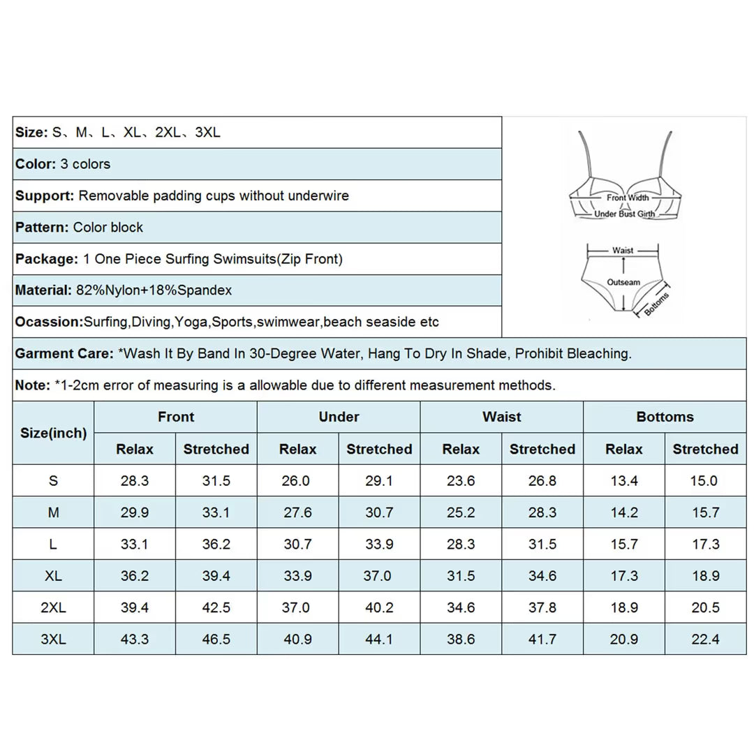Product specification sheet for a one-piece surfing swimsuit with size chart and details.