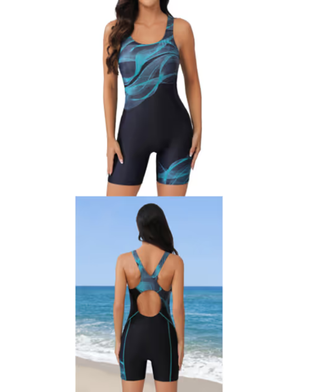 Woman in blue one piece swimsuit on beach background