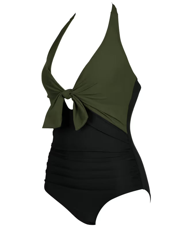 Halter neck front knotted swimsuit black and green