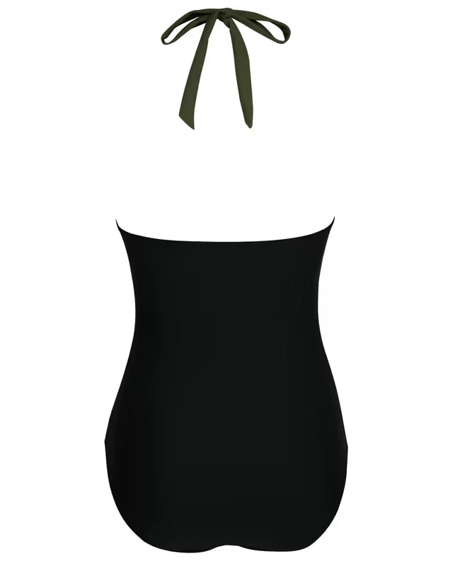 Halter neck front knotted swimsuit black and green