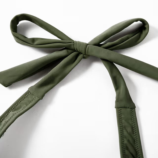 Halter neck front knotted swimsuit black and green