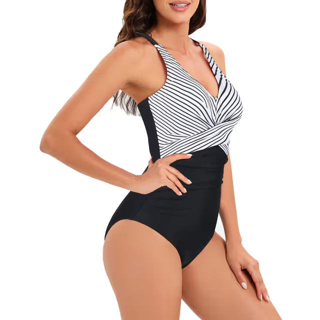 One piece black white striped swimsuit - Large