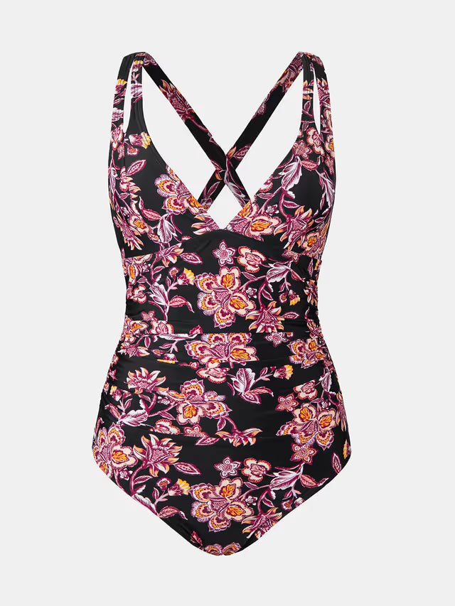 Cuphshe one piece floral criss-cross back swimsuit - Medium