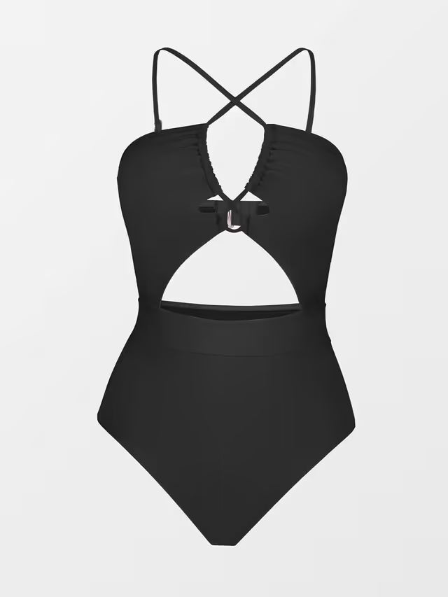 Cupshe plunge neck criss cross black swim-suit on a white back-ground