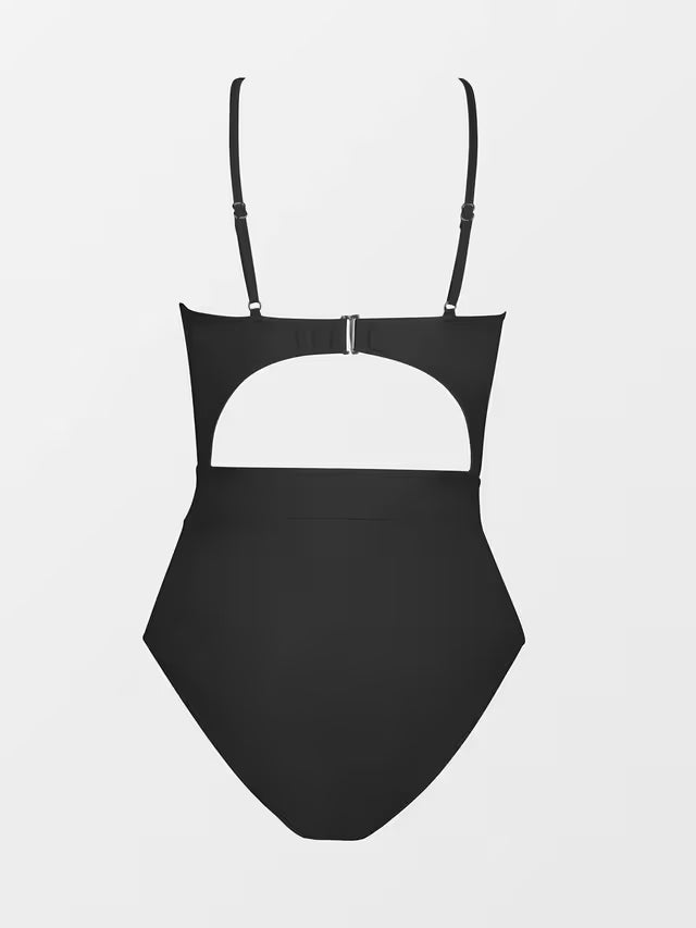 Cupshe plunge neck criss cross black swim-suit on a white back-ground