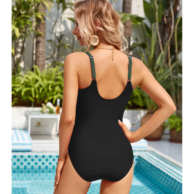 Snuoen black and green ruffled swim-suit