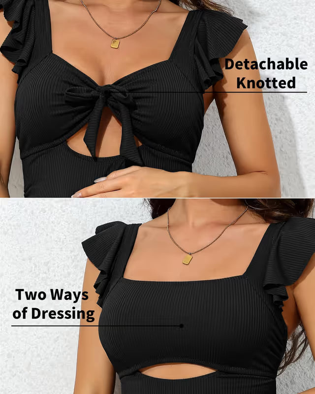 Woman wearing s Charmo maternity knot tie black swimsuit