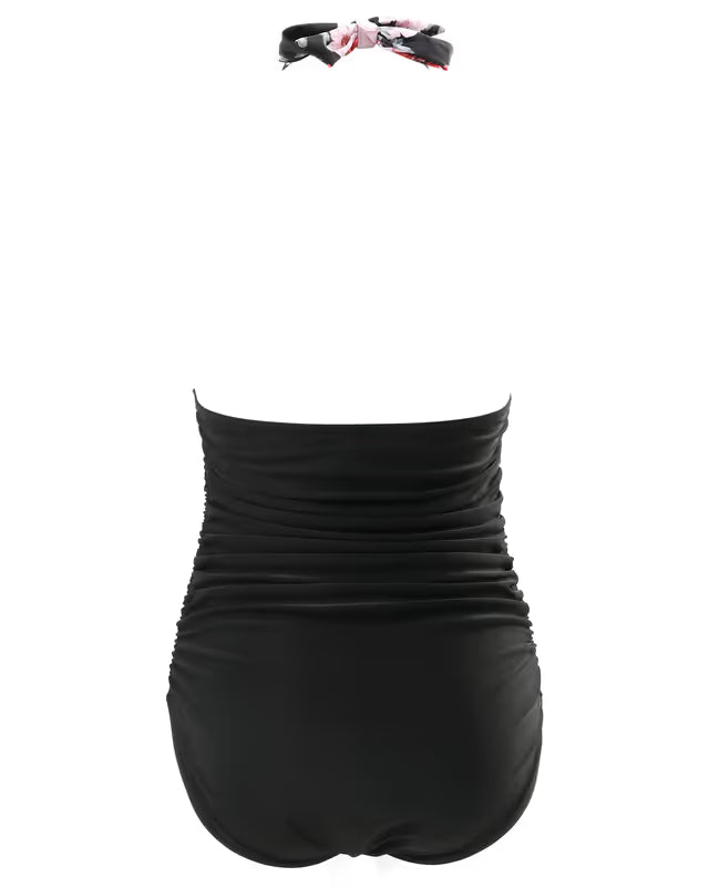 Back of a black swim-suit on a white background