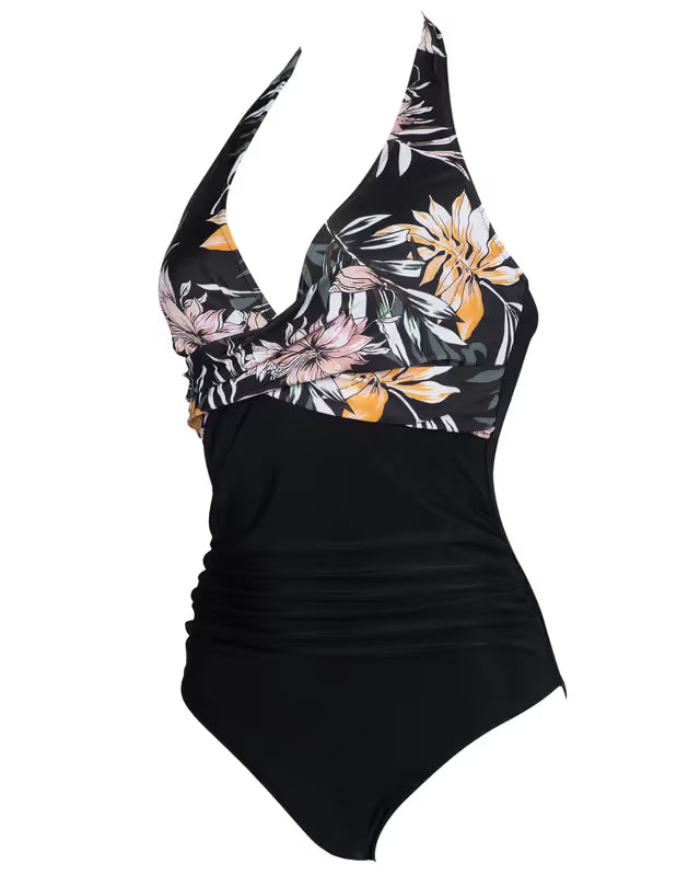 Doulafass black floral halter swim-suit