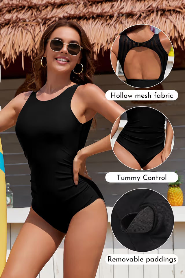 Woman in black mesh back swim-suit at beachbar
