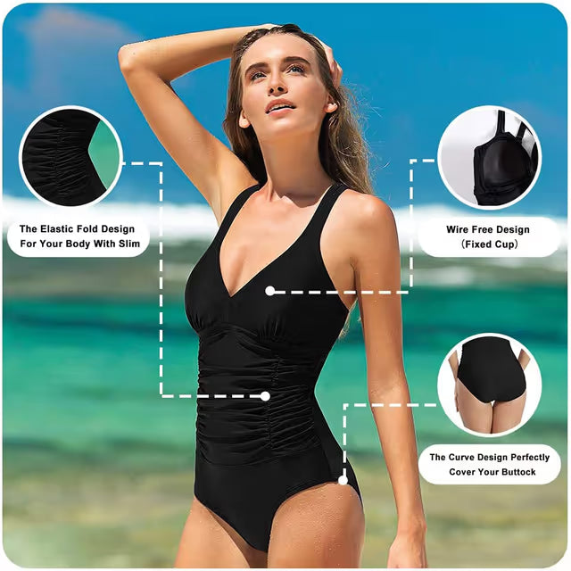 Woman wearing a black swim-suit on a beach