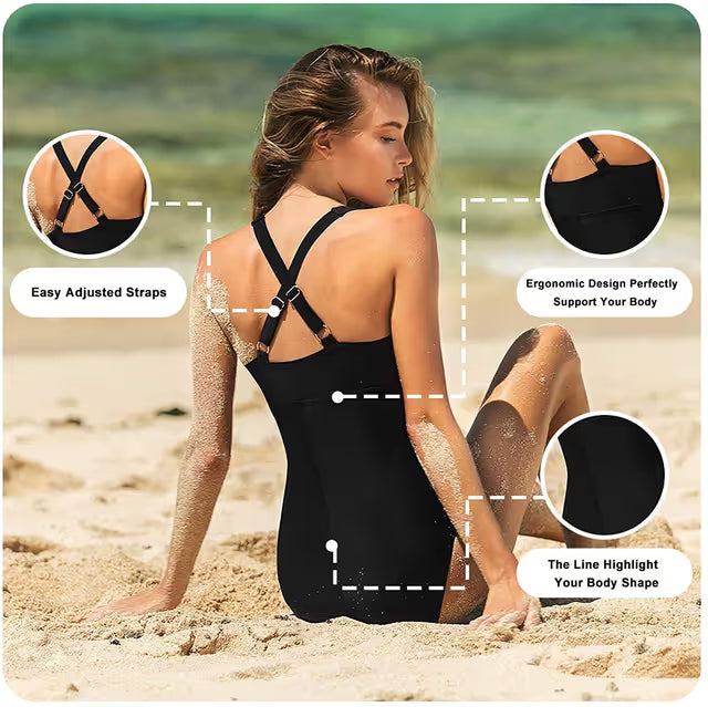 Woman wearing a black swim-suit on a beach