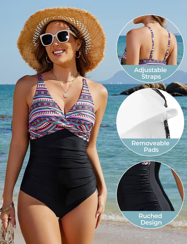 Woman wearing swimsuit and straw hat on a beach background