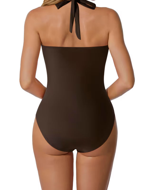 Black one-piece swim-suit on a white background