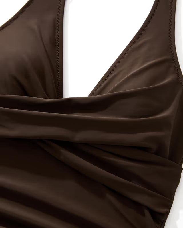 Ruched chest detail on a brown swim-suit