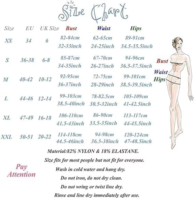 Size chart for lingerie with measurements and a diagram of a woman's body.