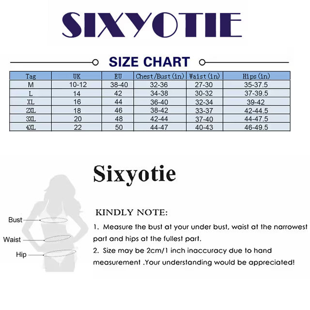 Size chart for Sixyotie clothing with measurements in inches and centimeters.